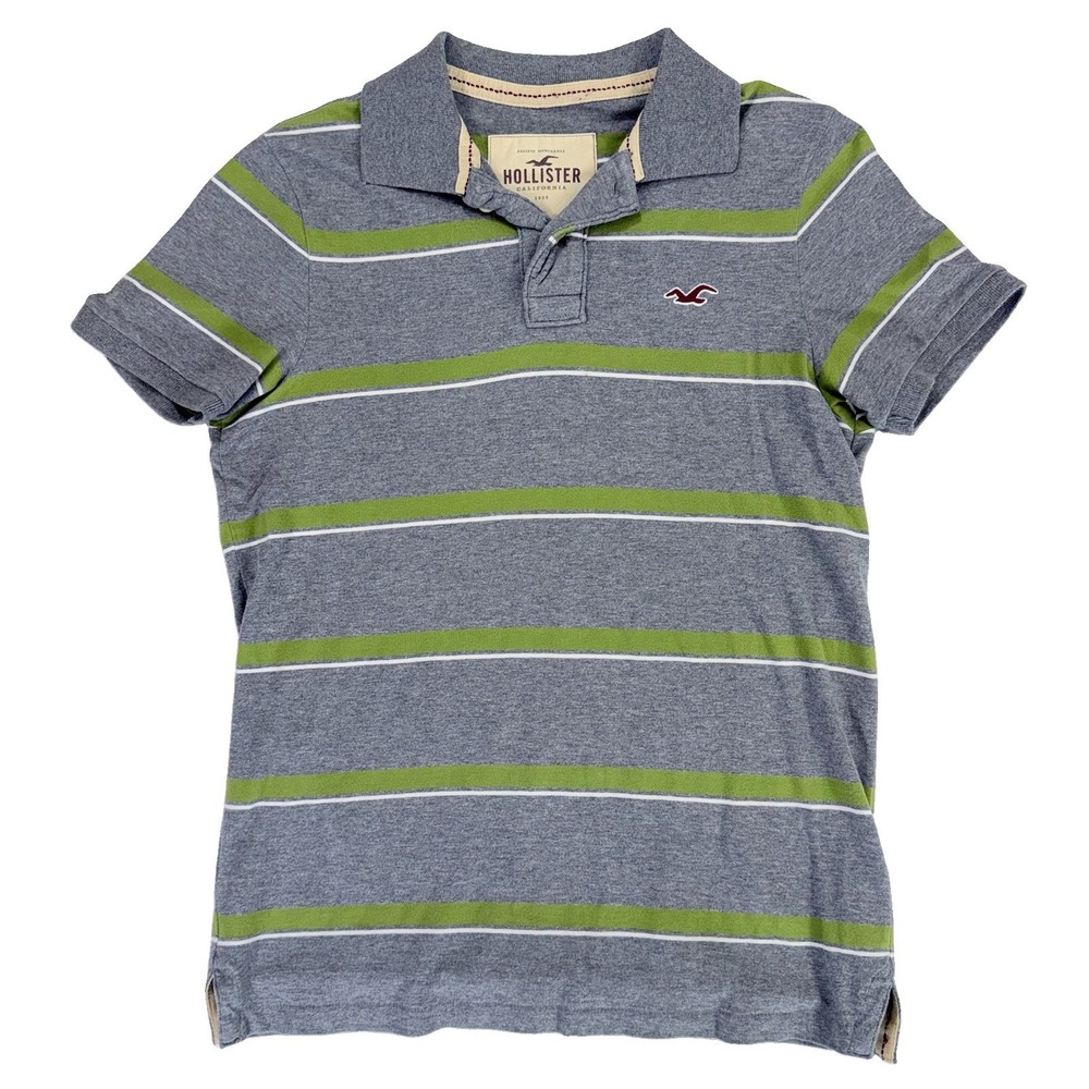 Vintage Y2K Hollister Co. Grey Green Striped Men's Medium Polo Shirt Preppy Surf